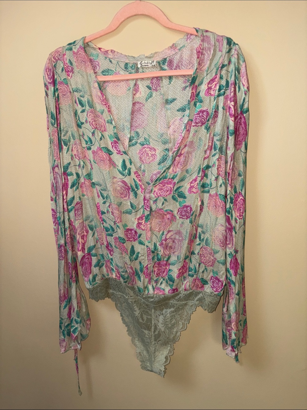 Free People Floral Mesh Bodysuit - Pink & Green